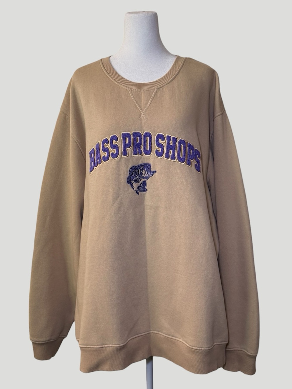 Bass Pro Shops Tan Crewneck Sweatshirt with Purple Embroidered Logo